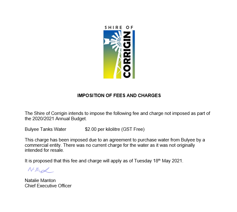 Imposition of Fees and Charges - Bulyee Tanks Water